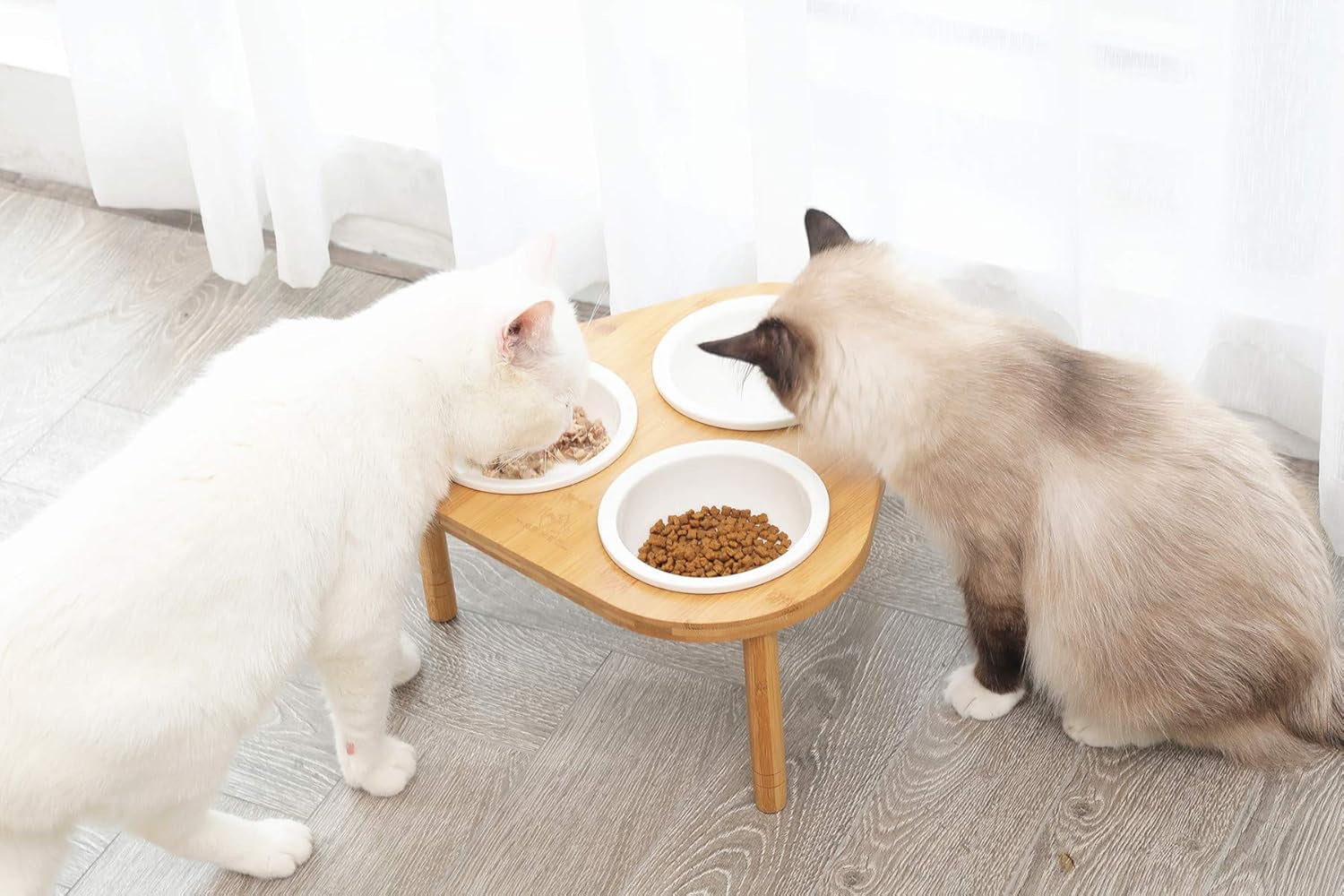 Raised Cat Feeder with Stand, Elevated Bamboo Stand with 3 Ceramic Bowls, anti Slip and Removable Feet
