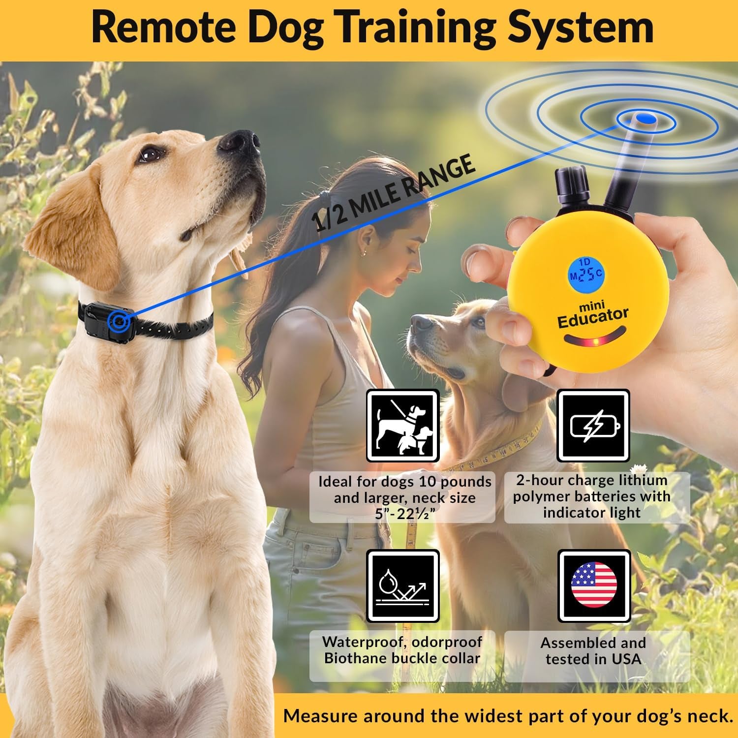 E-Collar ET-300 Mini  Remote Dog Training Collar – 1/2 Mile Waterproof, Premium Finger Clicker Trainer, 100 Stimulation Levels + Vibration + Light + Sound – 1 Dog Small to Medium, Yellow
