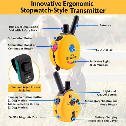 E-Collar ET-300 Mini  Remote Dog Training Collar – 1/2 Mile Waterproof, Premium Finger Clicker Trainer, 100 Stimulation Levels + Vibration + Light + Sound – 1 Dog Small to Medium, Yellow
